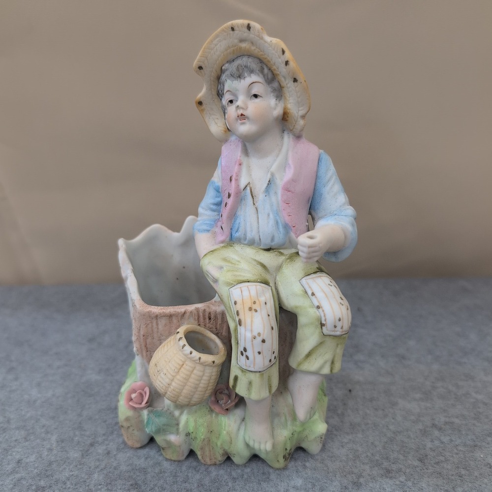 Vintage Boy Sitting on Tree Stump Figurine Planter Vase Porcelain Floral Japan - Picture 1 of 6